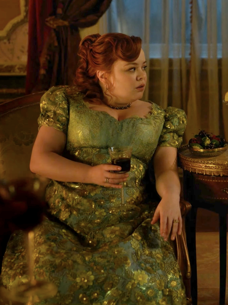 Nicola Coughlan as Penelope Bridgerton, Season 4 "Bridgerton" (2020-2026), Best Costumes, Gowns, Dresses, and Outfits , Green Evening Gown, Lady Danbury Soiree