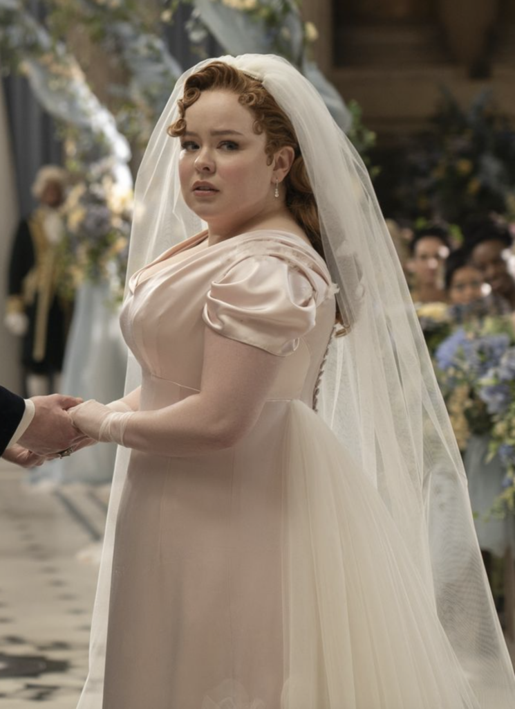 Nicola Coughlan as Penelope in her blush pink wedding gown, "Bridgerton," Season 3 Ranking the Wedding Gowns from Bridgerton