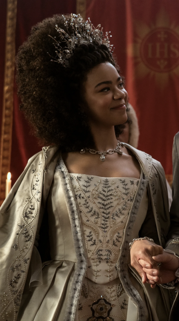 India Amarteifio as Queen Charlotte in her wedding gown, "Queen Charlotte: A Bridgerton Story" Ranking the Wedding Gowns from Bridgerton