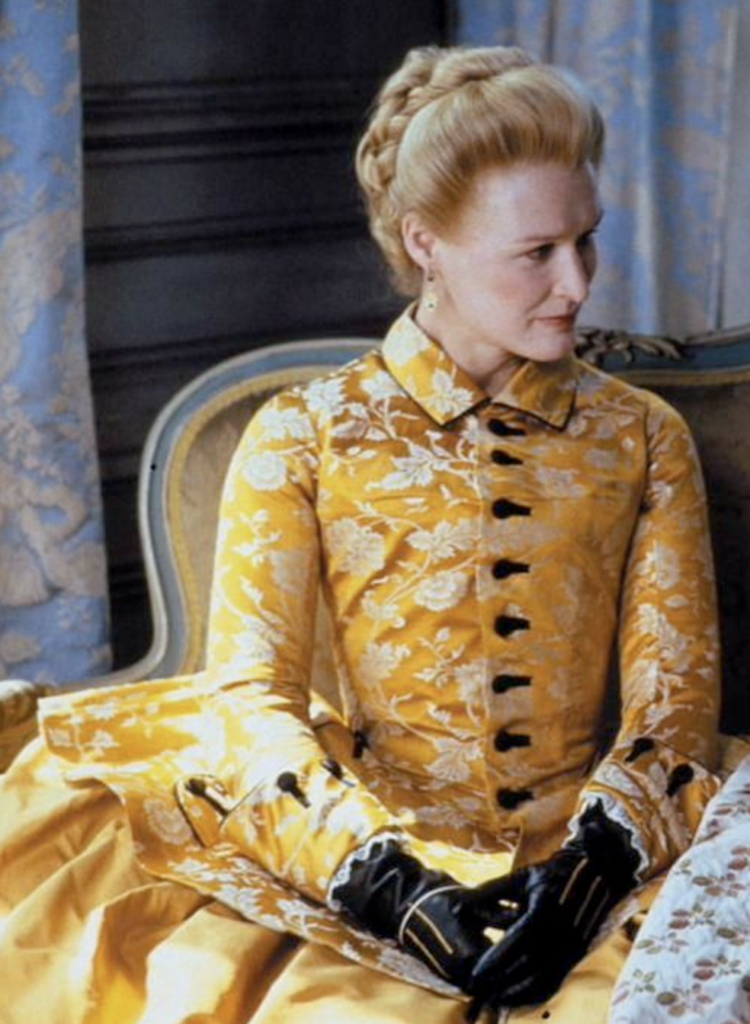 Marquise Isabelle de Merteuil from "Dangerous Liaisons" (1988) Best Yellow Costumes, Gowns, & Dresses from Period Drama Piece Movies