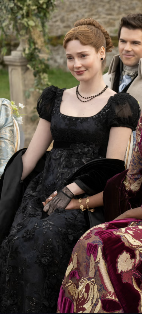 Hannah Dodd as Francesca Stirling Countess of Kilmartin Season 4 "Bridgerton" (2020-2026), Best Costumes, Gowns, Dresses, and Outfits, black wedding guest dress