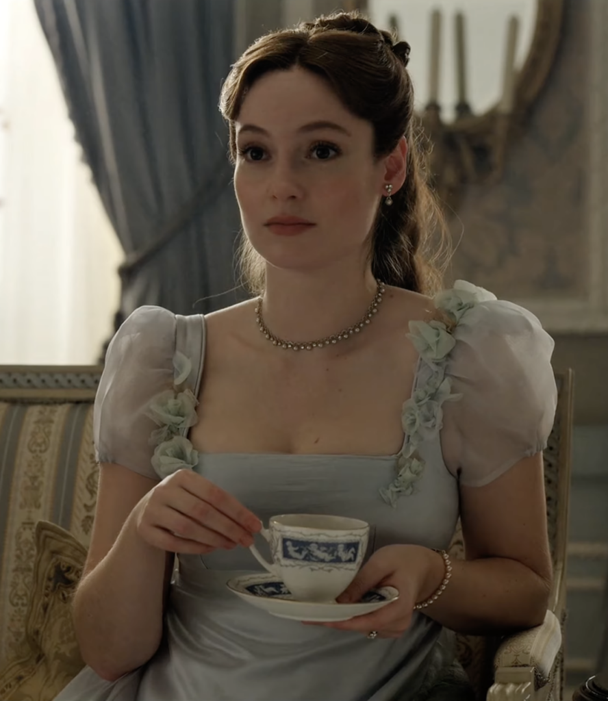 Hannah Dodd as Francesca Stirling Countess of Kilmartin Season 4 "Bridgerton" (2020-2026), Best Costumes, Gowns, Dresses, and Outfits, Blue Floral Dress