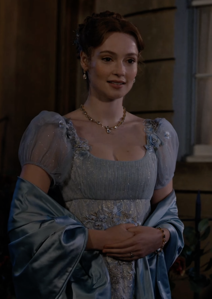 Hannah Dodd as Francesca Stirling Countess of Kilmartin Season 4 "Bridgerton" (2020-2026), Best Costumes, Gowns, Dresses, and Outfits, Blue Evening Gown