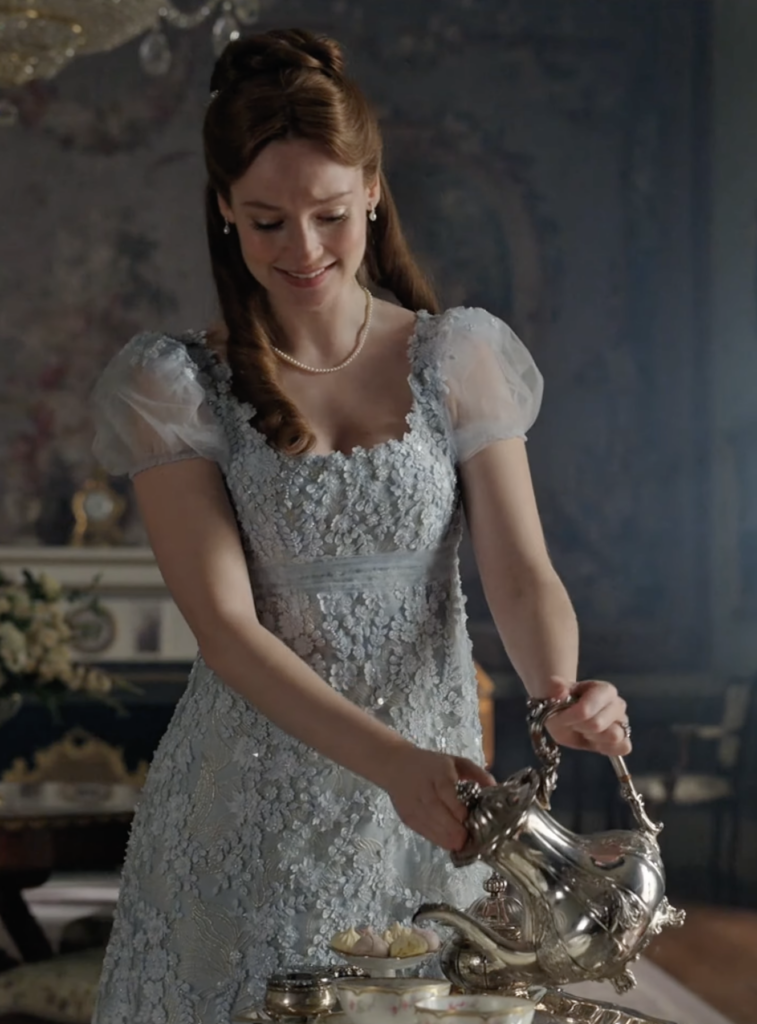 Hannah Dodd as Francesca Stirling Countess of Kilmartin Season 4 "Bridgerton" (2020-2026), Best Costumes, Gowns, Dresses, and Outfits, Blue Flower Dress