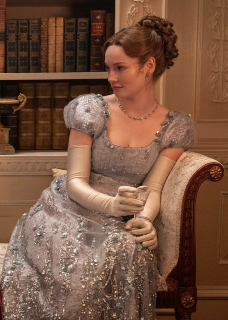 Hannah Dodd as Francesca Stirling Countess of Kilmartin Season 4 "Bridgerton" (2020-2026), Best Costumes, Gowns, Dresses, and Outfits, Gray Soiree Gown
