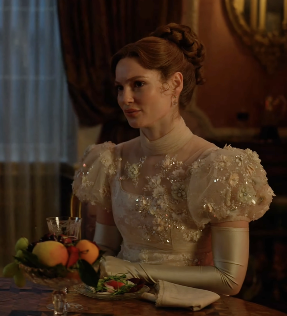 Hannah Dodd as Francesca Stirling Countess of Kilmartin Season 4 "Bridgerton" (2020-2026), Best Costumes, Gowns, Dresses, and Outfits, White Soiree Evening Gown