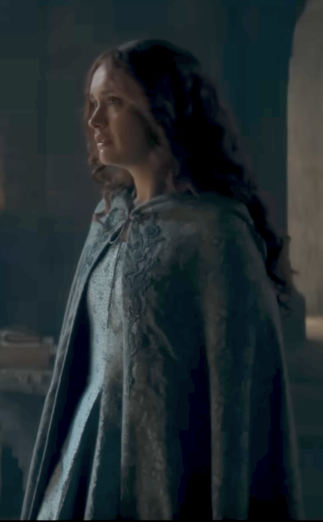 Olivia Cooke as Alicent Hightower Season 2 of HBO's "House of the Dragon" Ranking Alicent Costumes, Dresses, & Outfits, Light Blue Floral Dress with matching Cape