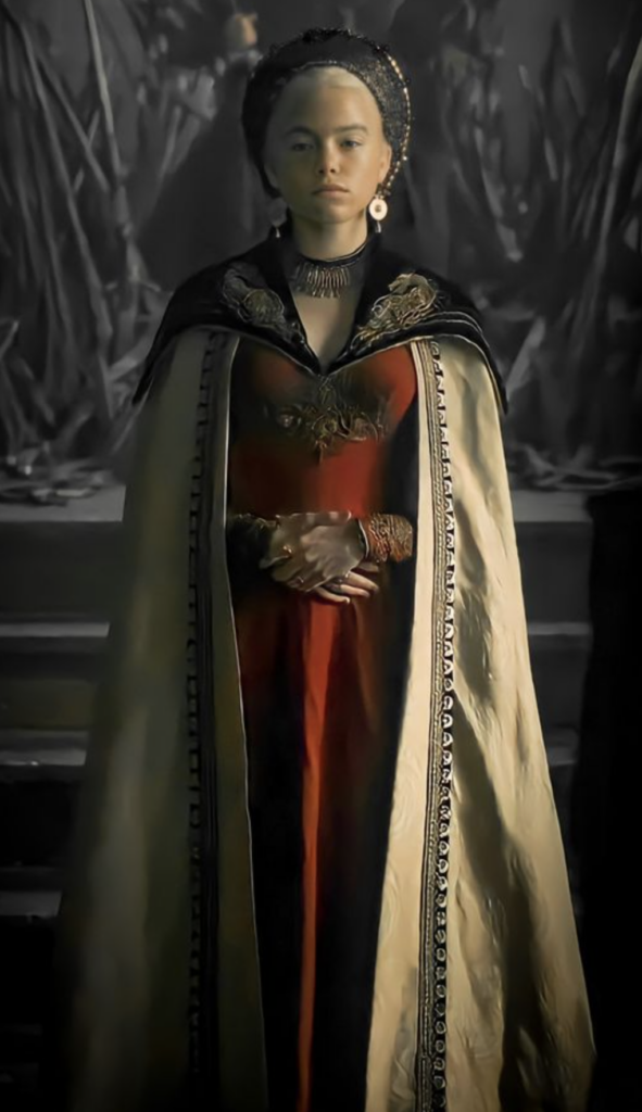 Rhaenyra Targaryen wearing The Ceremonial Gown in Season 1 of "House of the Dragon" Ranking Rhaenyra Costumes, Dresses, & Outfits