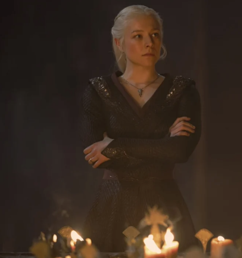 Emma D'Arcy as Rhaenyra Targaryen in Season 2 of HBO's “House of the Dragon” Ranking Rhaenyra Costumes, Dresses, & Outfits, Scaly Black Gown