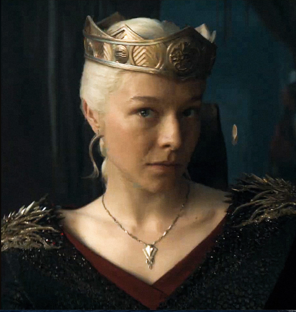 Emma D'Arcy as Rhaenyra Targaryen in Season 2 of HBO's “House of the Dragon” Ranking Rhaenyra Costumes, Dresses, & Outfits, Silver Dragon Shoulder Pieces