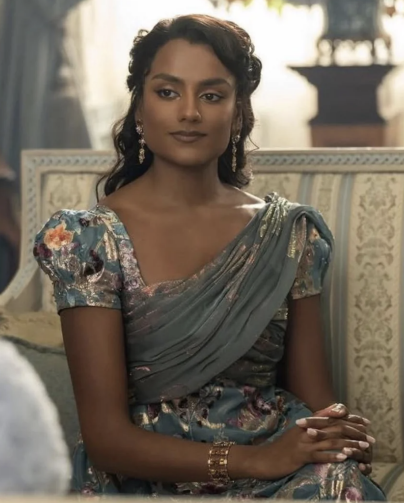 Simone Ashley as Kate Sharma Bridgerton Season 4 "Bridgerton" (2020-2026), Best Costumes, Gowns, Dresses, and Outfits, Draped Blue-Gray Dress