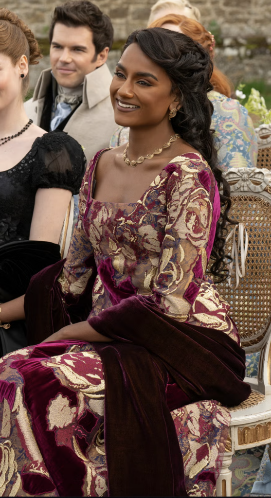 Simone Ashley as Kate Sharma Bridgerton, Season 4 "Bridgerton" (2020-2026), Best Costumes, Gowns, Dresses, and Outfits, Burgundy and Tan patterned Dress