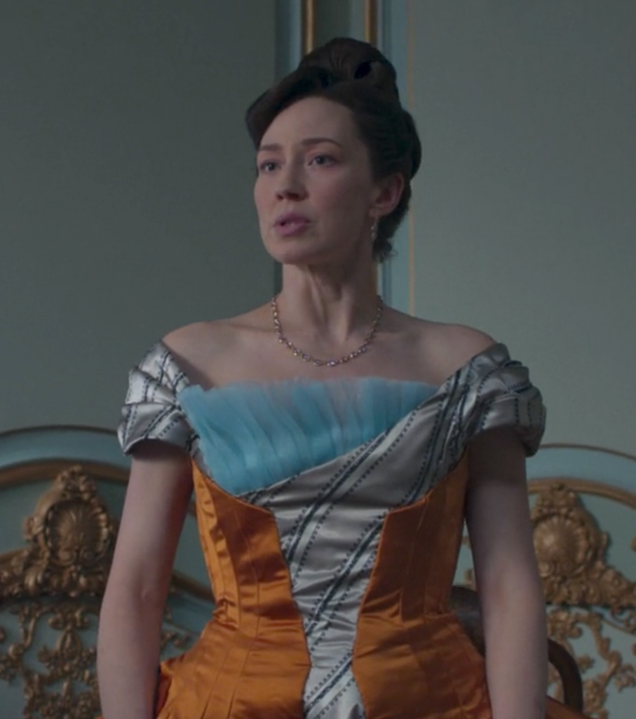 Carrie Coon as Bertha Russell, "The Gilded Age" Season 1 Ranking costumes, gowns, dresses, and outfits The Copper & Striped Gown was nicknamed “The Eiffel Tower Dress,”