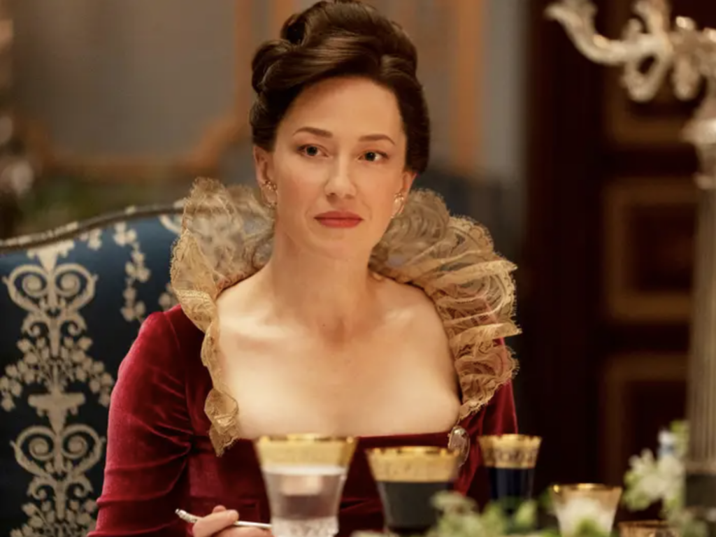 Carrie Coon as Bertha Russell, "The Gilded Age" Season 1 Ranking costumes, gowns, dresses, and outfits, The Red Velvet Gown