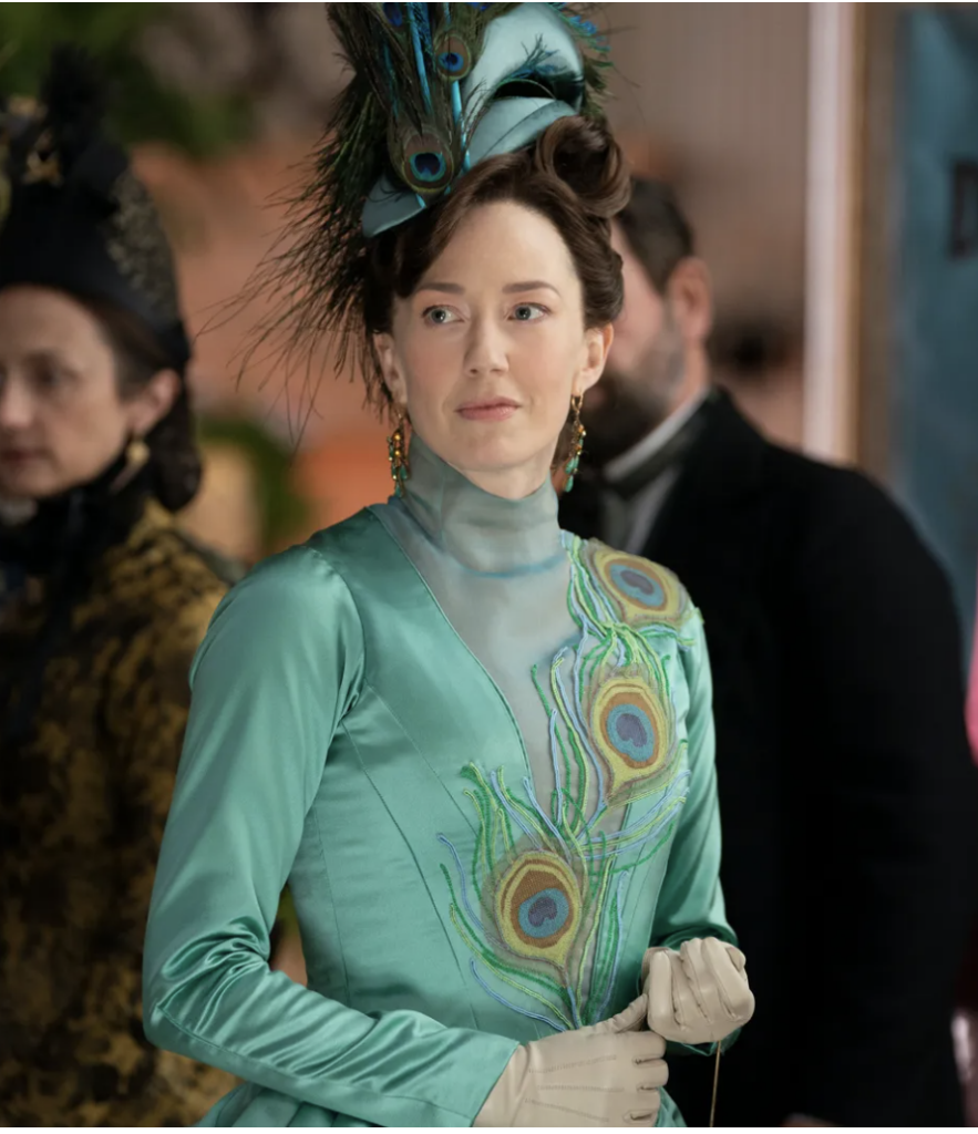 Carrie Coon as Bertha Russell, "The Gilded Age" Season 1 Ranking costumes, gowns, and outfits, dresses, The Peacock Outfit
