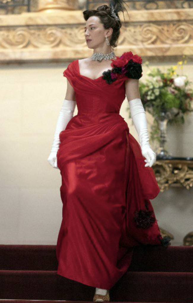 Carrie Coon as Bertha Russell, "The Gilded Age" Season 1 Ranking costumes, gowns, dresses, and outfits