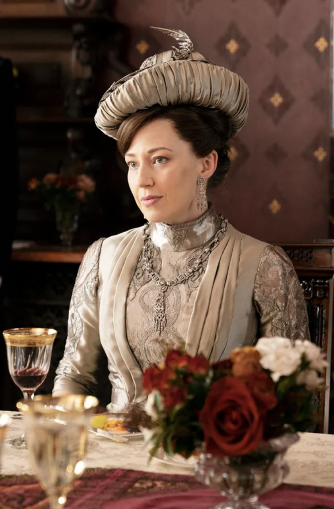 Carrie Coon as Bertha Russell, "The Gilded Age" Season 1 Ranking costumes, gowns, dresses, and outfits, The Silvery Luncheon Outfit