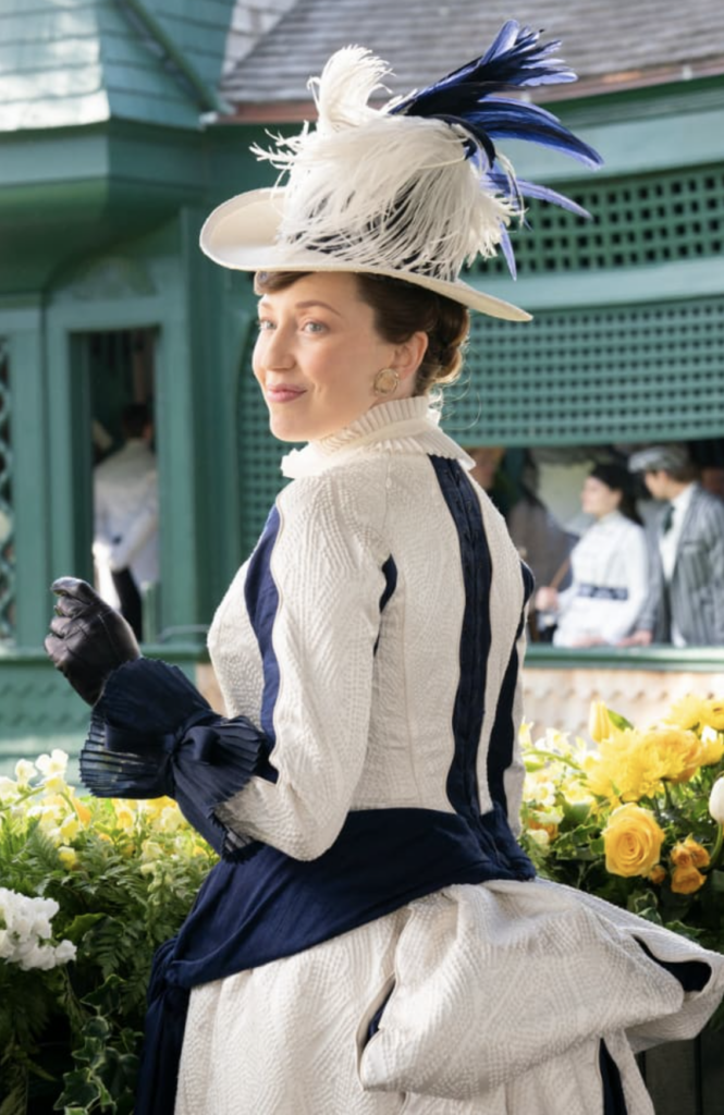 Carrie Coon as Bertha Russell, "The Gilded Age" Season 1 Ranking costumes, gowns, dresses and outfits, The Newport’s Casino Outfit