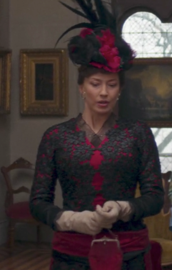 Carrie Coon as Bertha Russell, "The Gilded Age" Season 1 Ranking costumes, gowns, dresses, and outfits, The Red & Black Afternoon Look