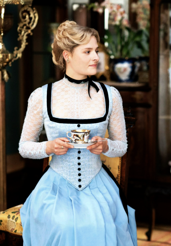 Louisa Jacobson as Marian Brook "The Gilded Age" Season 1 Ranking costumes, gowns, dresses and outfits, The Blue Lace Outfit