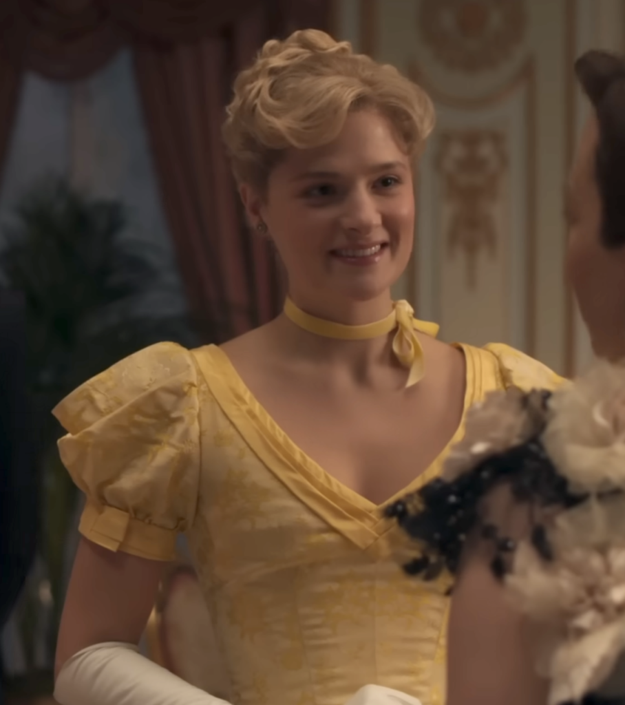 Louisa Jacobson as Marian Brook "The Gilded Age" Season 1 Ranking costumes, gowns, dresses and outfits, Yellow Evening Gown