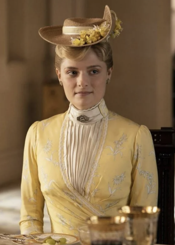 Louisa Jacobson as Marian Brook "The Gilded Age" Season 1 Ranking costumes, gowns, dresses and outfits, The Yellow Floral Dress