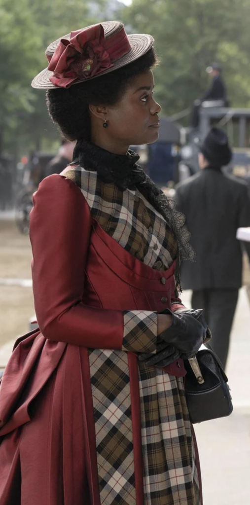 Denée Benton as Peggy Scott "The Gilded Age" Season 1 Ranking costumes, gowns, dresses and outfits, The Bright Red and Plaid Dress