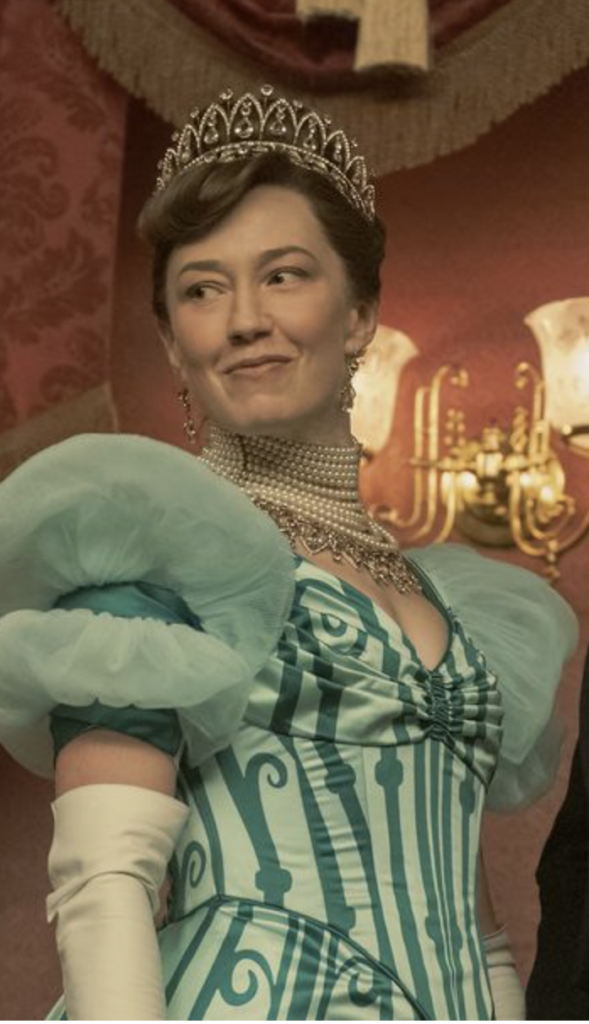 Carrie Coon as Bertha Russell, "The Gilded Age" Season 2 Ranking costumes, gowns, dresses and outfits