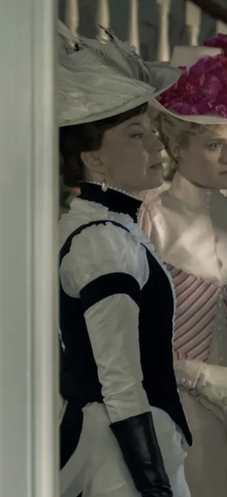 Carrie Coon as Bertha Russell, "The Gilded Age" Season 3 Ranking costumes, gowns, dresses and outfits, Black and White Newport Dress
