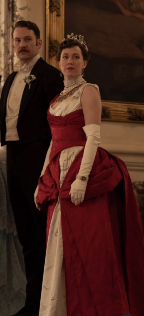 Carrie Coon as Bertha Russell, "The Gilded Age" Season 3 Ranking costumes, gowns, dresses and outfits, The Red Ball Gown