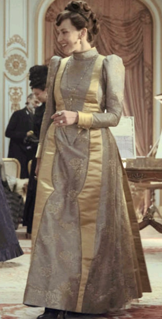 Carrie Coon as Bertha Russell, "The Gilded Age" Season 3 Ranking costumes, gowns, dresses and outfits, Metallic Day Dress