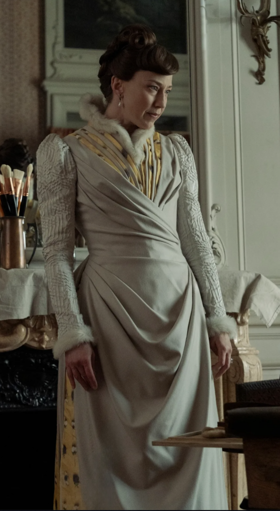 Carrie Coon as Bertha Russell, "The Gilded Age" Season 3 Ranking costumes, gowns, dresses and outfits, Winter Dress