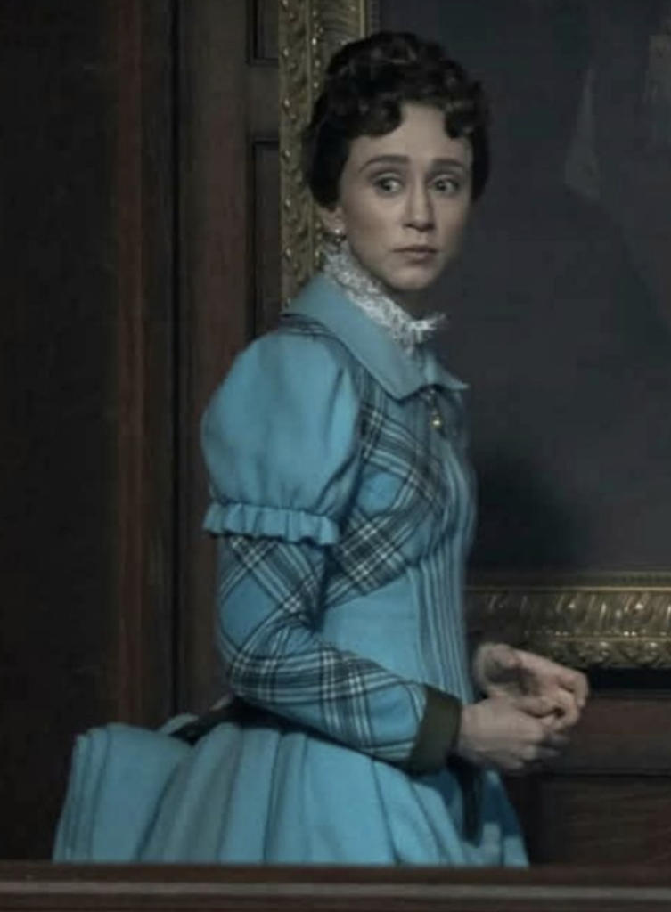 Taissa Farmiga as Gladys Russell "The Gilded Age" Season 3 Ranking costumes, gowns, dresses and outfits, Blue Plaid Traveling Outfit