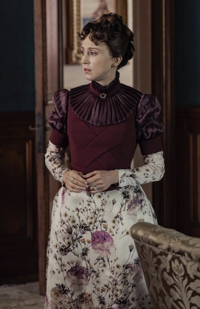 Taissa Farmiga as Gladys Russell "The Gilded Age" Season 3 Ranking costumes, gowns, dresses and outfits, Burgundy and Floral Outfit