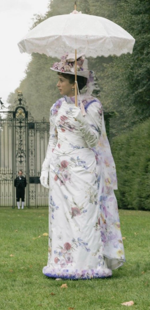Taissa Farmiga as Gladys Russell "The Gilded Age" Season 3 Ranking costumes, gowns, dresses and outfits, Floral Garden Dress