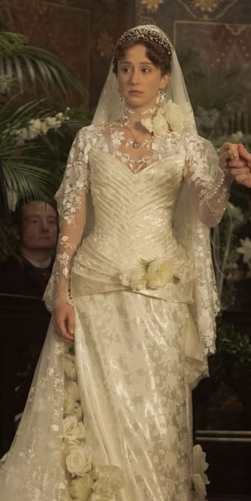Taissa Farmiga as Gladys Russell "The Gilded Age" Season 3 Ranking costumes, gowns, dresses and outfits wedding gown