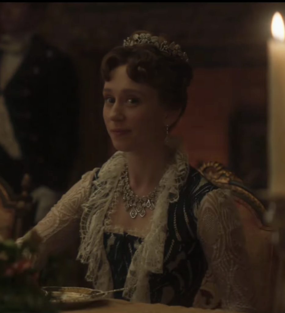 Taissa Farmiga as Gladys Russell "The Gilded Age" Season 3 Ranking costumes, gowns, dresses and outfits Blue and Ivory Lace Evening Gown