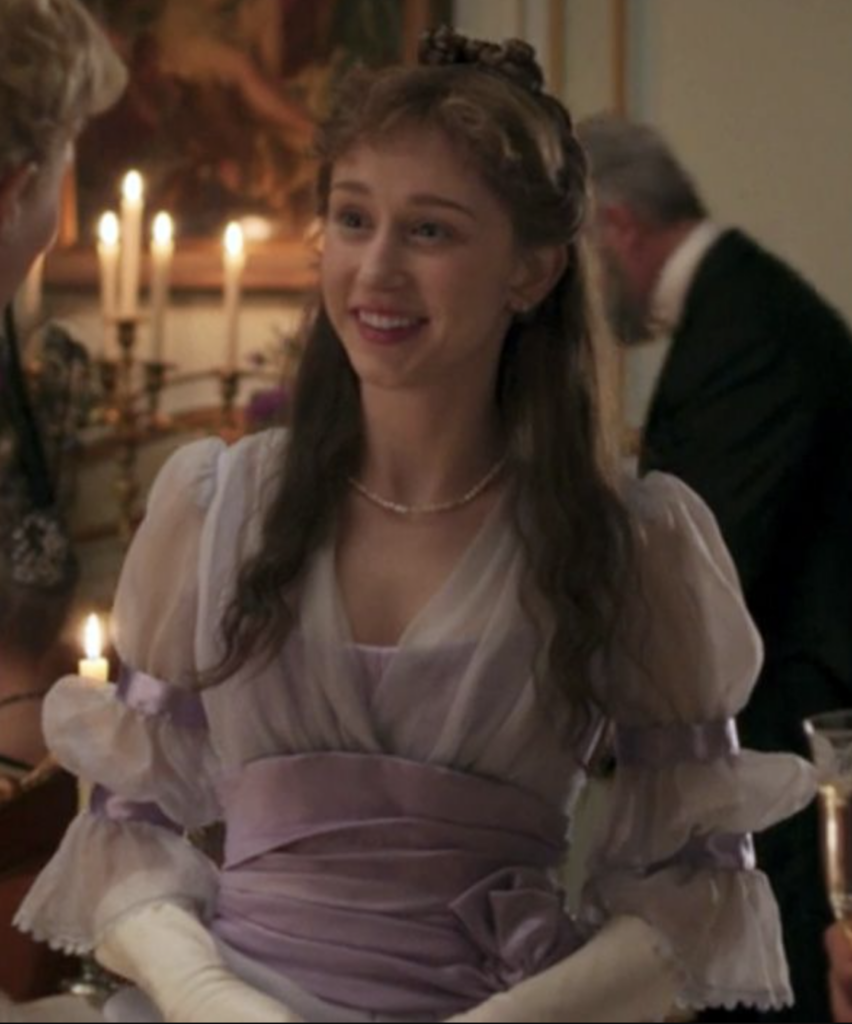 Taissa Farmiga as Gladys Russell "The Gilded Age" Season 1 Ranking costumes, gowns, dresses and outfits, The Purple Evening Dress
