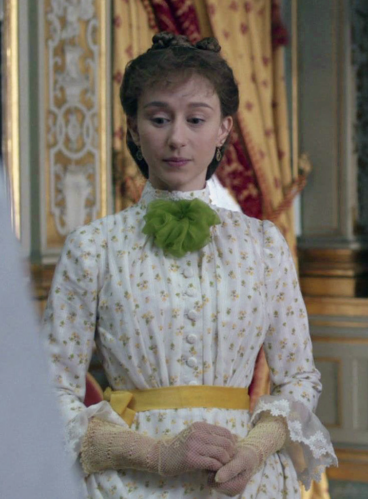 Taissa Farmiga as Gladys Russell "The Gilded Age" Season 1 Ranking costumes, gowns, dresses and outfits, The White Floral Dress