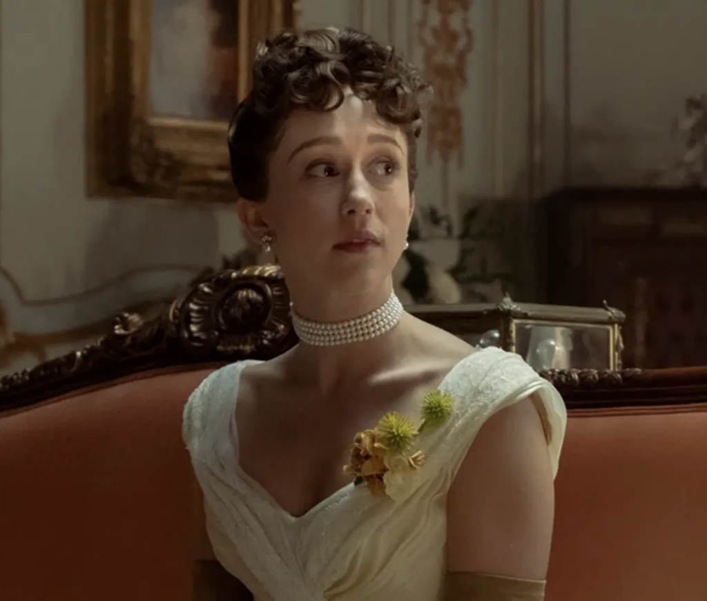 Taissa Farmiga as Gladys Russell "The Gilded Age" Season 3 Ranking costumes, gowns, dresses and outfits white and green portrait gown