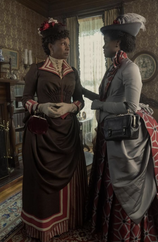 Denée Benton plays Peggy Scott "The Gilded Age" Season 2 Ranking costumes, gowns, dresses and outfits, The Gray and Red Dress