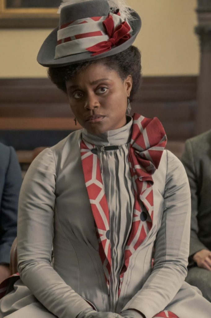 Denée Benton plays Peggy Scott "The Gilded Age" Season 2 Ranking costumes, gowns, dresses and outfits, The Gray and Red Dress