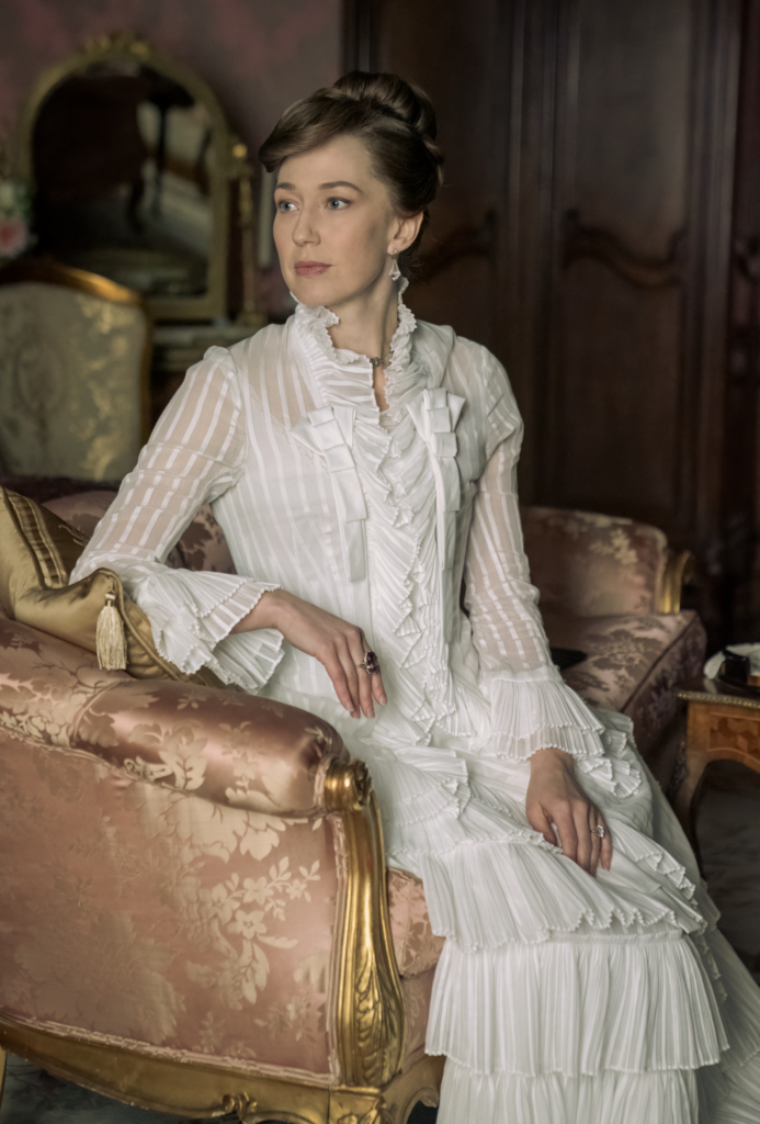 Carrie Coon as Bertha Russell, "The Gilded Age" Season 2 Ranking costumes, gowns, dresses and outfits, The Ruffled Sheer White Dress