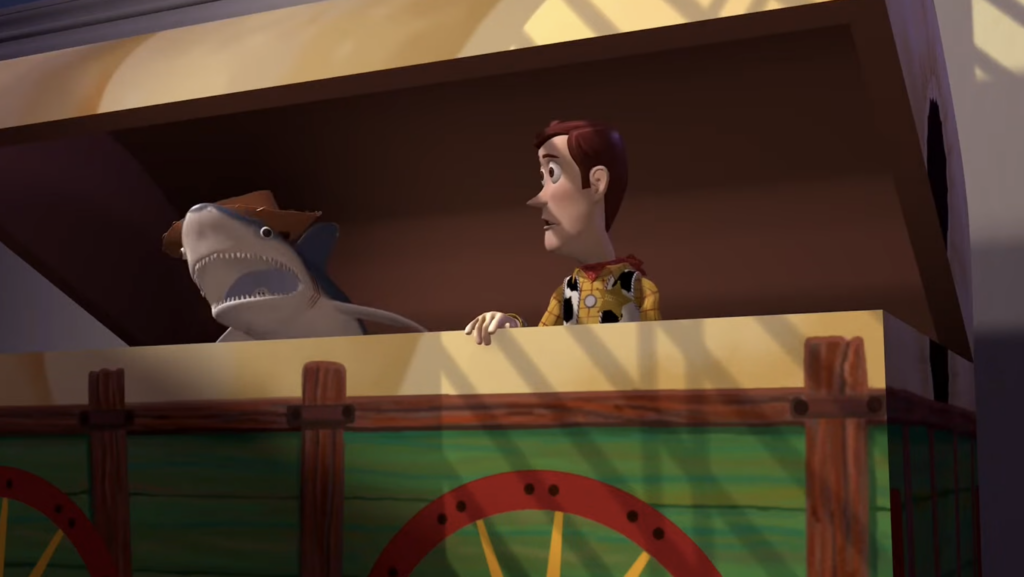 Woody and Shark in Pixar "Toy Story" (1995)