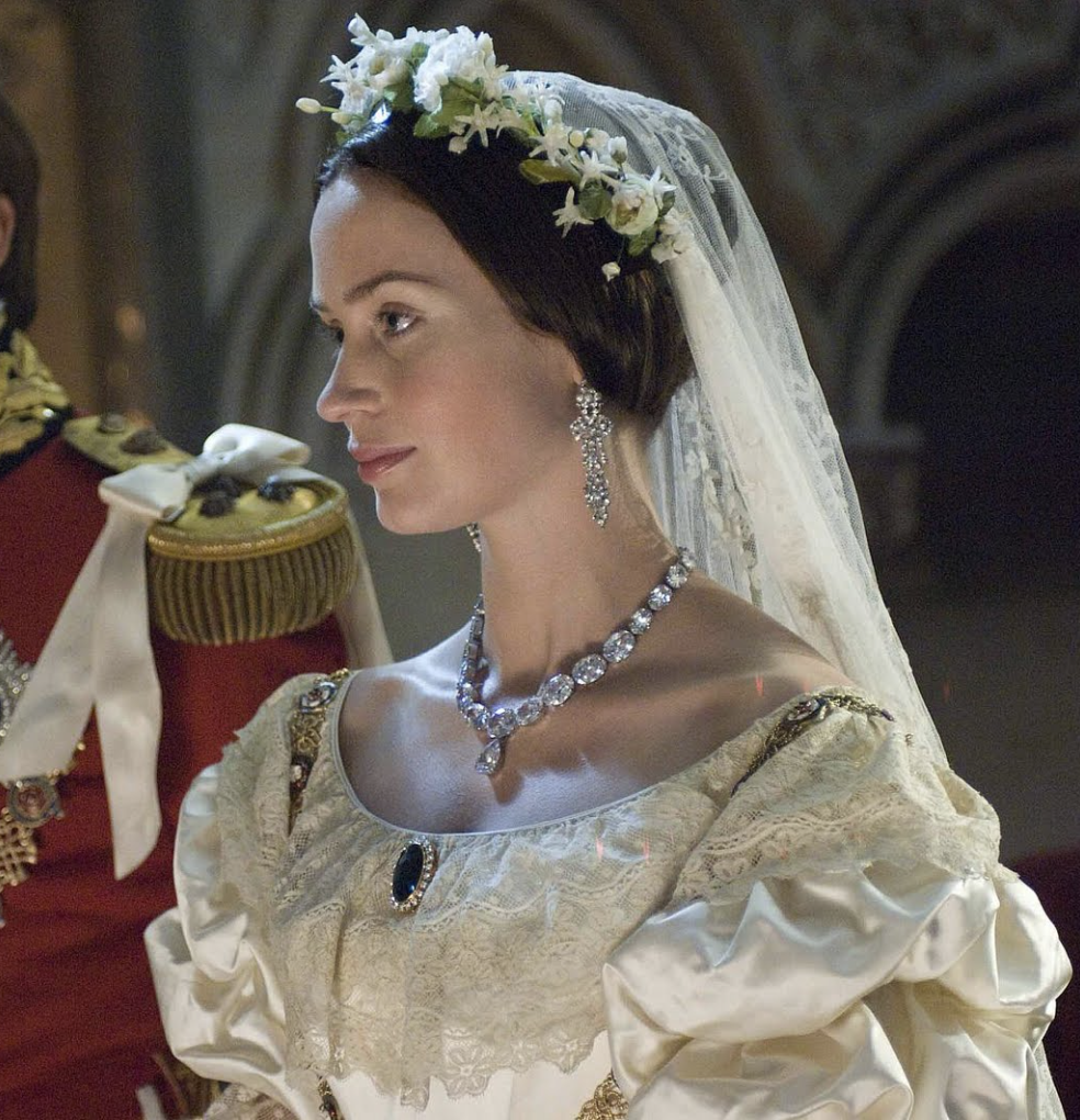 Emily Blunt wears an 1840s-style gown with a soft round neckline and voluminous sleeves in 2009's "The Young Victoria" Best Wedding Gowns from Period Piece Dramas Movies, Dresses, Outfits, Costumes