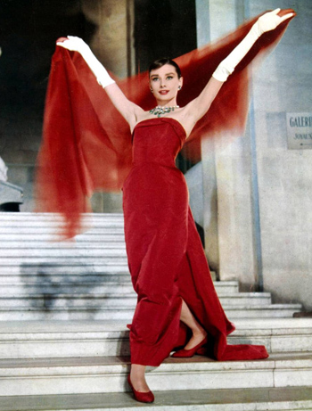 Audrey Hepburn plays Jo Stockton in "Funny Face" (1957) Best Red Costumes, Gowns, & Dresses from Modern Set Movies