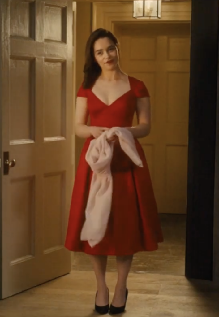Emilia Clarke as Louisa Clark in Me Before You (2016) Best Red Costumes, Gowns, & Dresses from Modern Set Movies