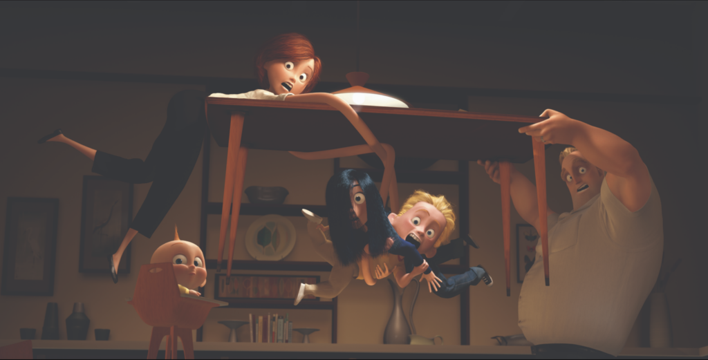 The Parr Family, Helen, Jack, Dash, Violet, and Bob Pixar "The Incredibles" (2004) Movie Review having Dinner