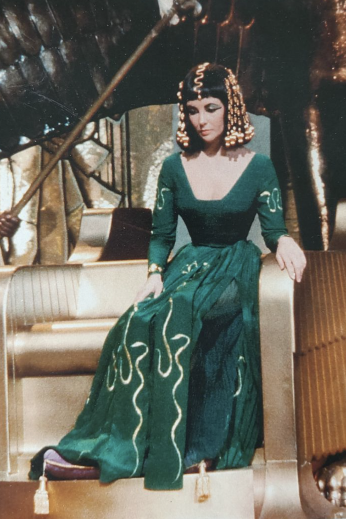 Elizabeth Taylor as Queen Cleopatra, "Cleopatra" (1963) Best Green Costume, Gowns, & Dresses from Period Piece Dramas Movies