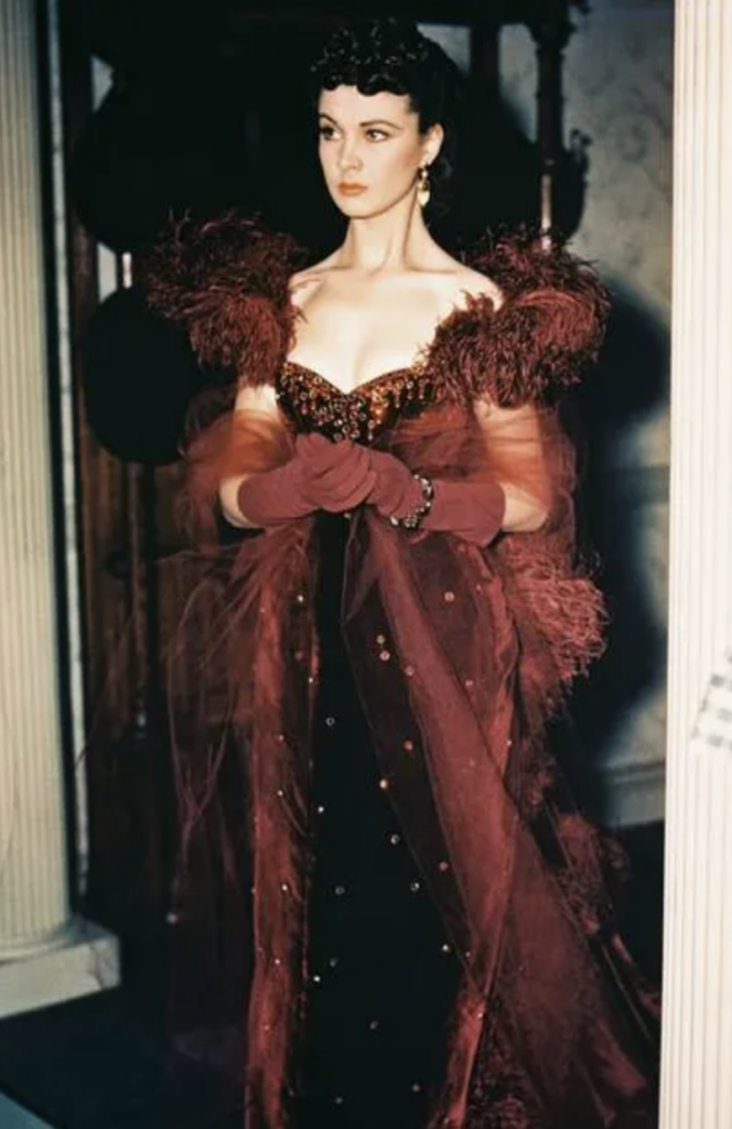 Vivien Leigh as Scarlett O’Hara in "Gone with the Wind" (1939) Best Burgundy & Dark Red Costumes, Gowns, & Dresses from Period Piece Dramas Movies